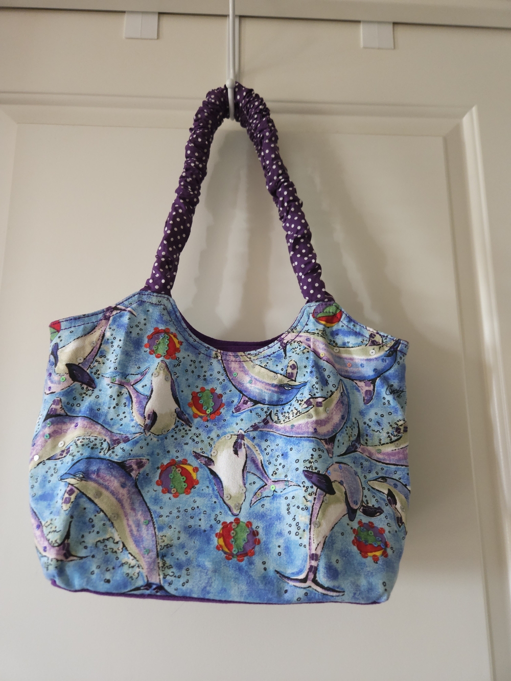 Ocean Dolphin Print Tote Bag with Purple Handles